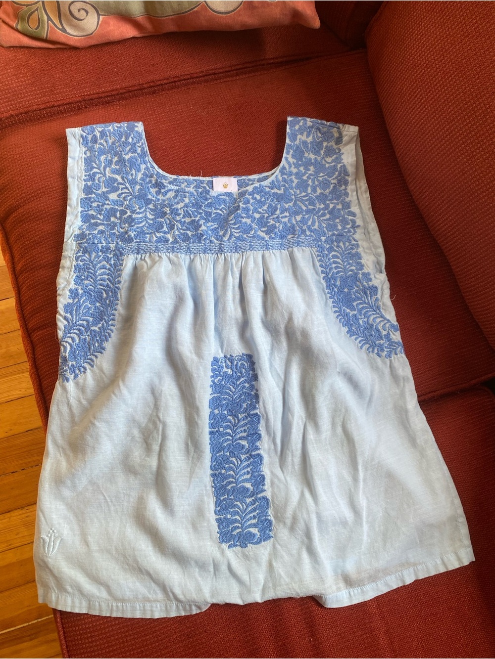 J Marie linen embroidered blue sleeveless top